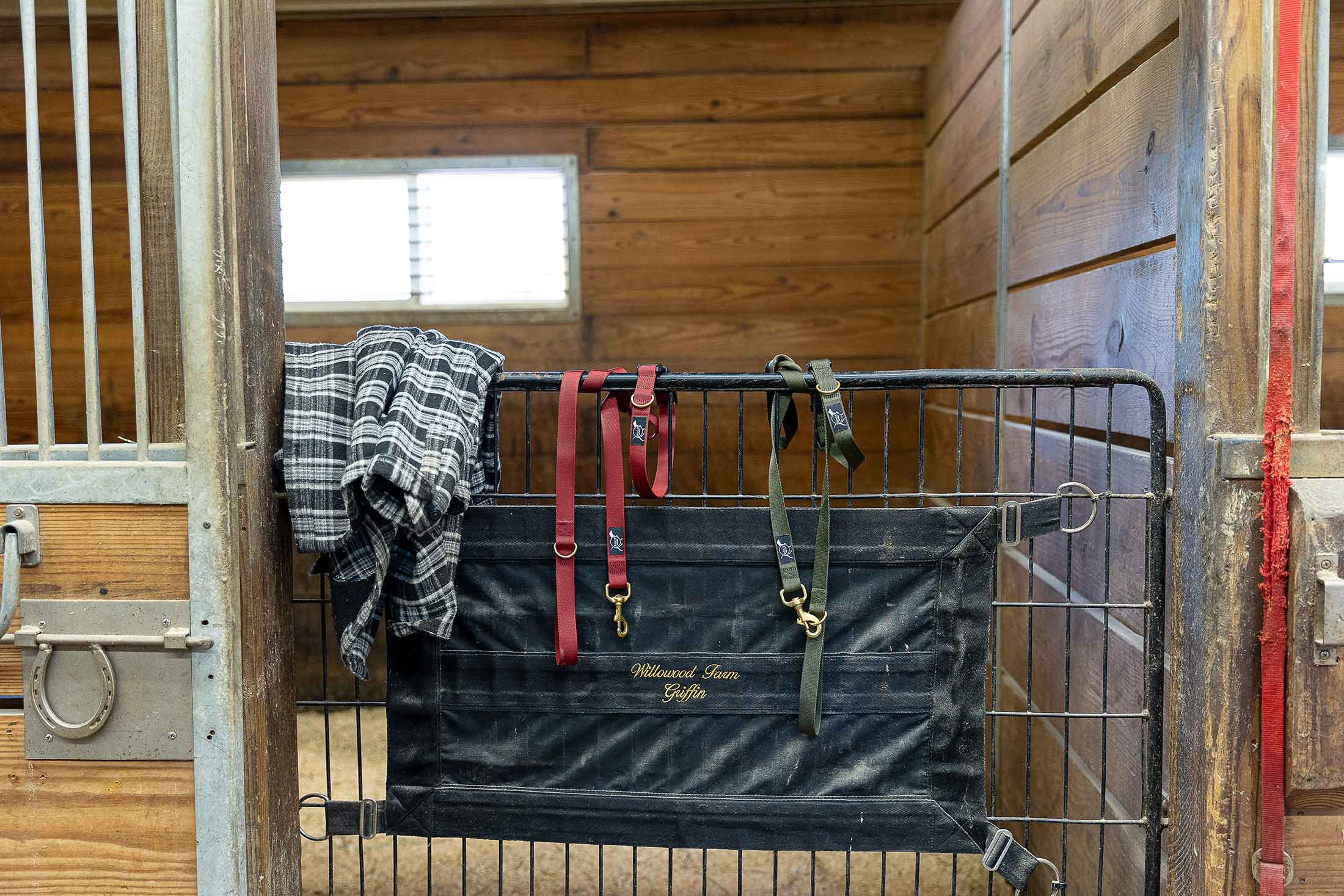 dog leashed tied around a stall gate