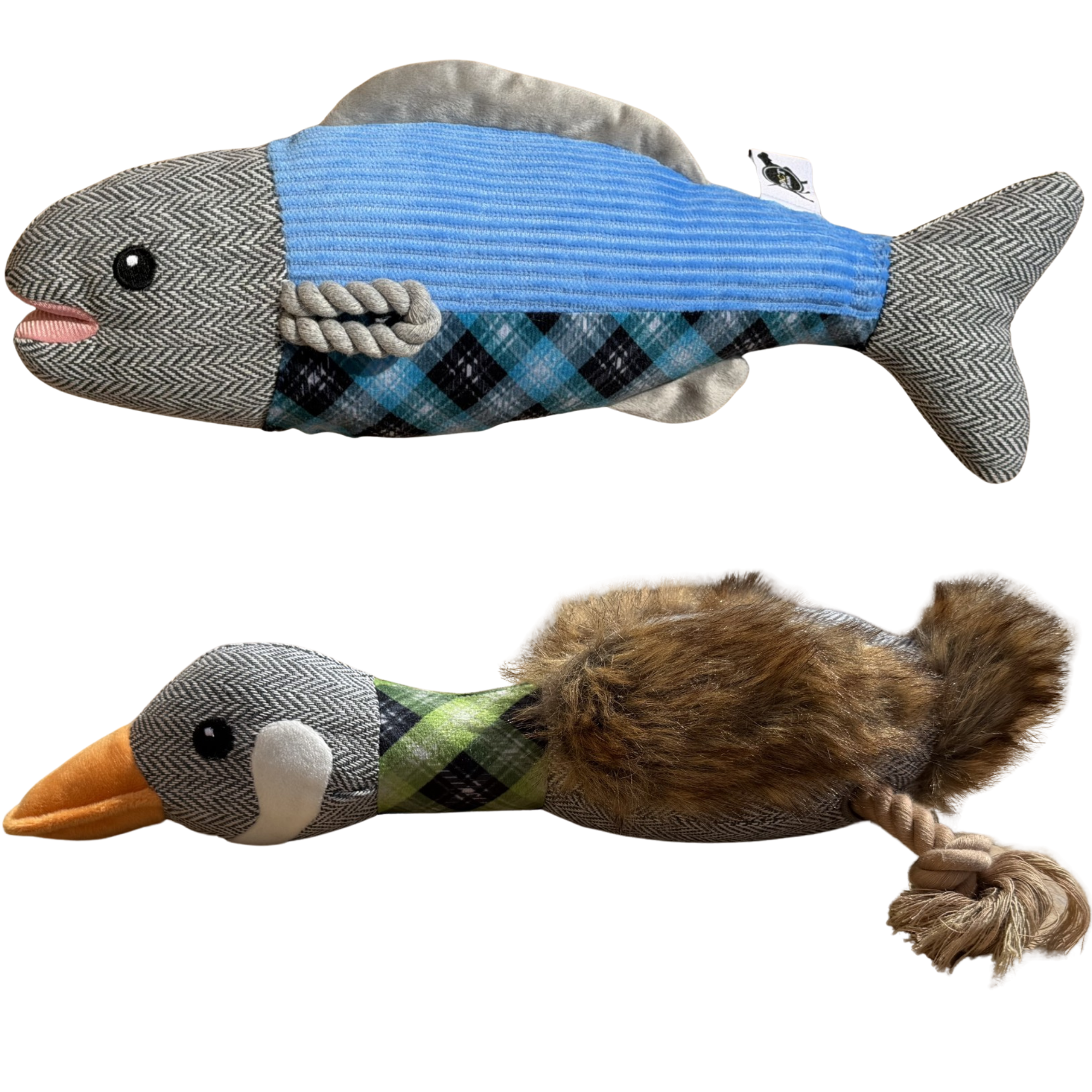 Plaid Duck & Fish Dog Toy 2-Pack